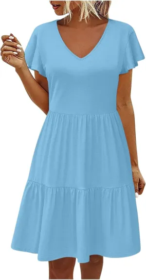 Womens Short Sleeve Casual Beach Dress Simple Solid Color Sundresses Loose Comfy Fashion Summer Dress