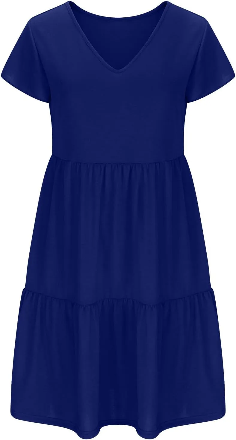 Womens Short Sleeve Casual Beach Dress Simple Solid Color Sundresses Loose Comfy Fashion Summer Dress