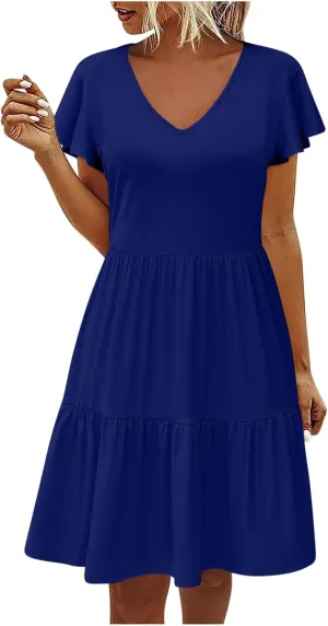 Womens Short Sleeve Casual Beach Dress Simple Solid Color Sundresses Loose Comfy Fashion Summer Dress