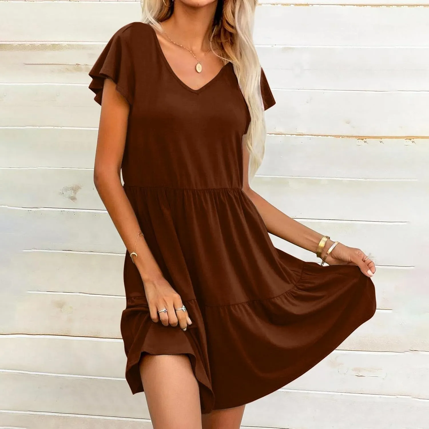 Womens Short Sleeve Casual Beach Dress Simple Solid Color Sundresses Loose Comfy Fashion Summer Dress