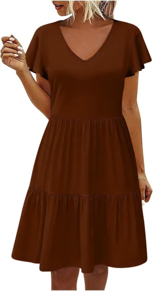 Womens Short Sleeve Casual Beach Dress Simple Solid Color Sundresses Loose Comfy Fashion Summer Dress