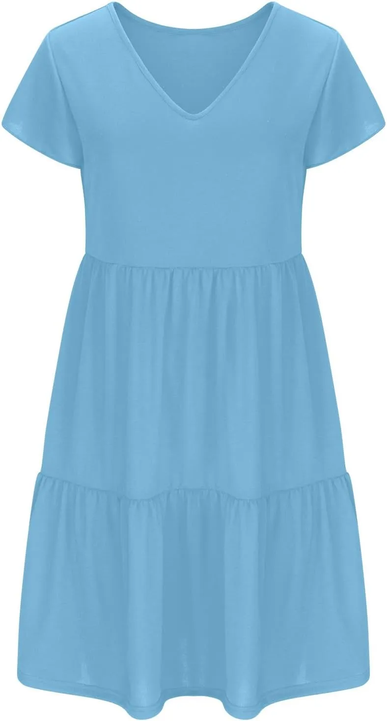 Womens Short Sleeve Casual Beach Dress Simple Solid Color Sundresses Loose Comfy Fashion Summer Dress