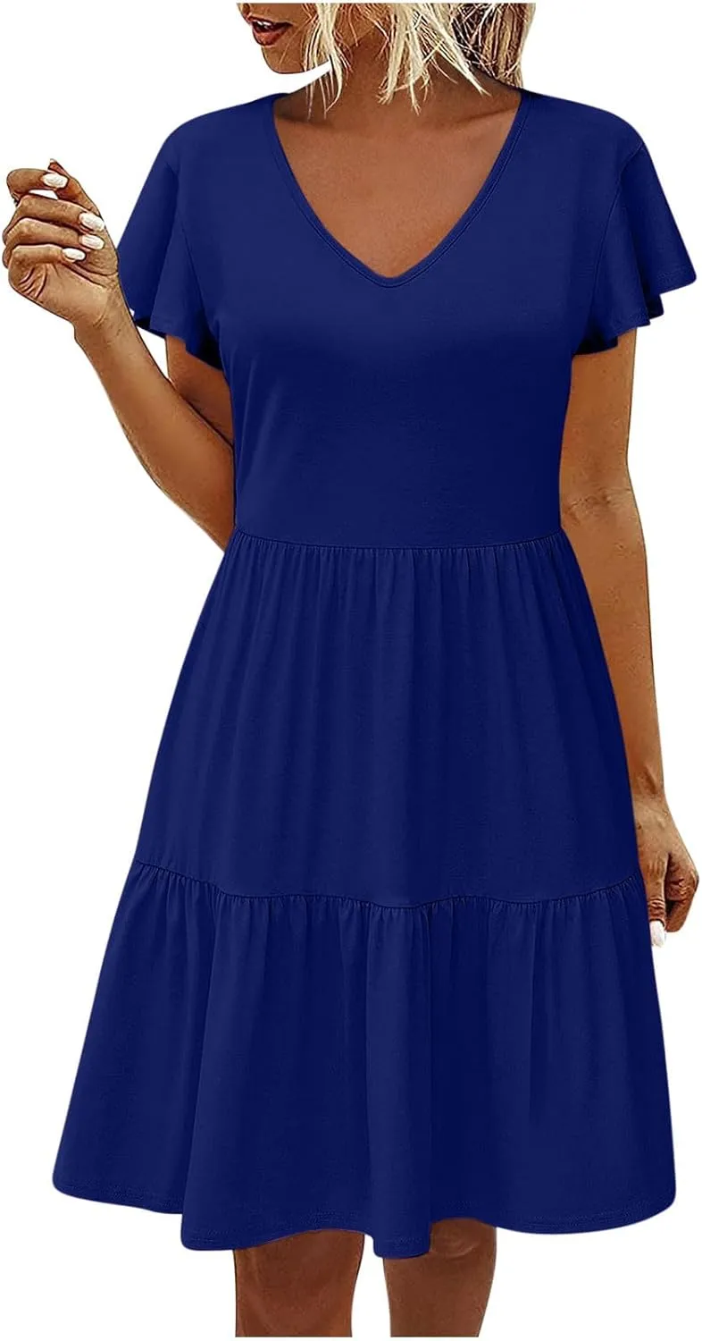 Womens Short Sleeve Casual Beach Dress Simple Solid Color Sundresses Loose Comfy Fashion Summer Dress