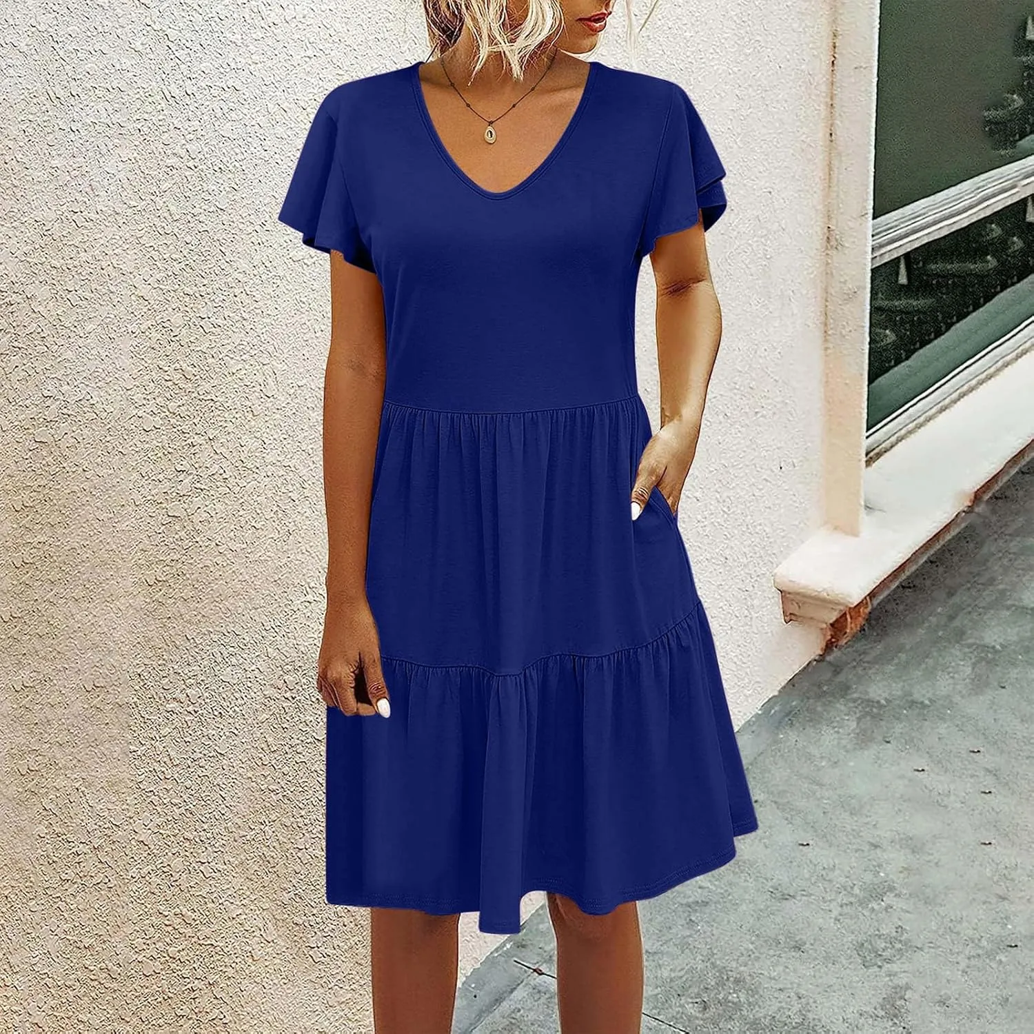 Womens Short Sleeve Casual Beach Dress Simple Solid Color Sundresses Loose Comfy Fashion Summer Dress
