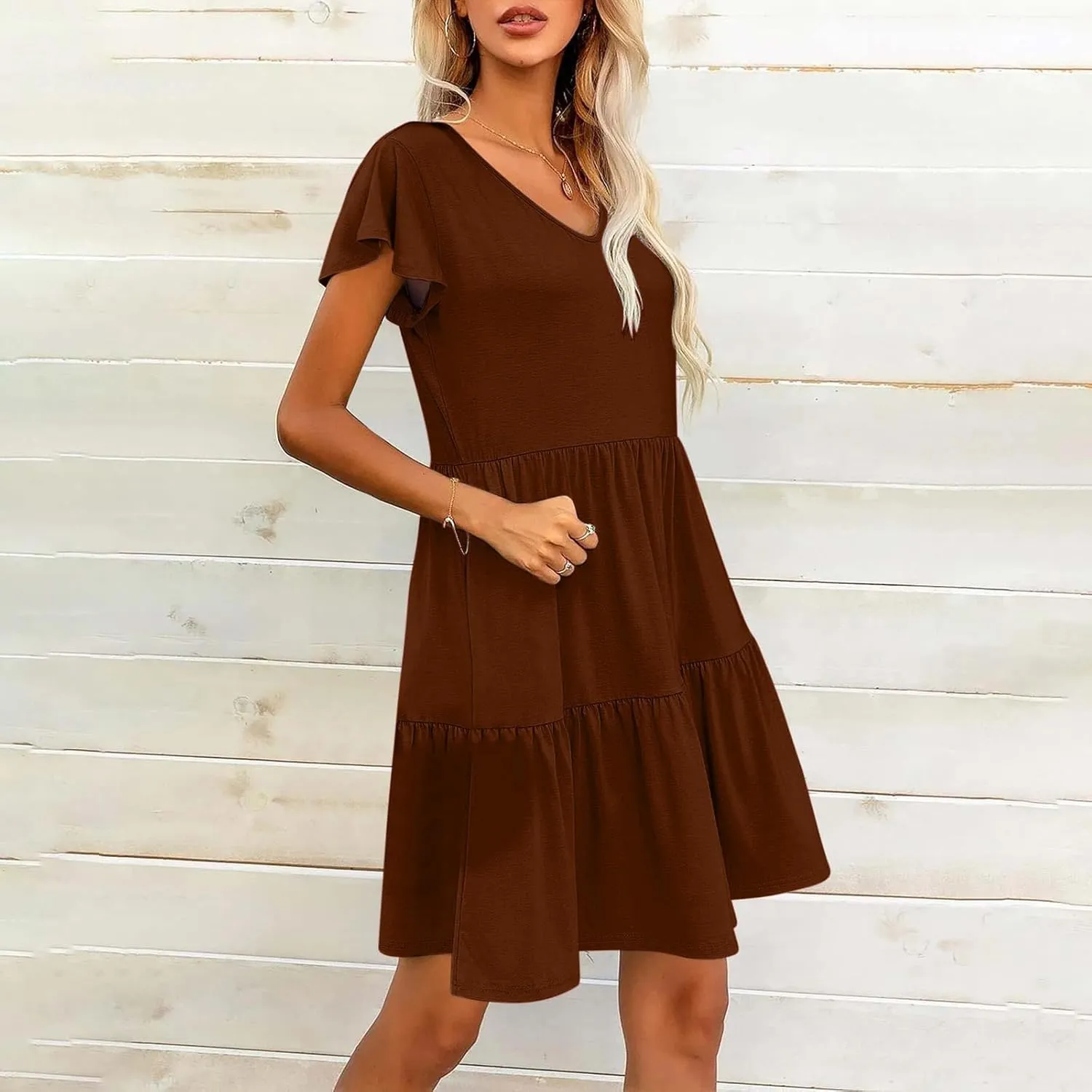 Womens Short Sleeve Casual Beach Dress Simple Solid Color Sundresses Loose Comfy Fashion Summer Dress