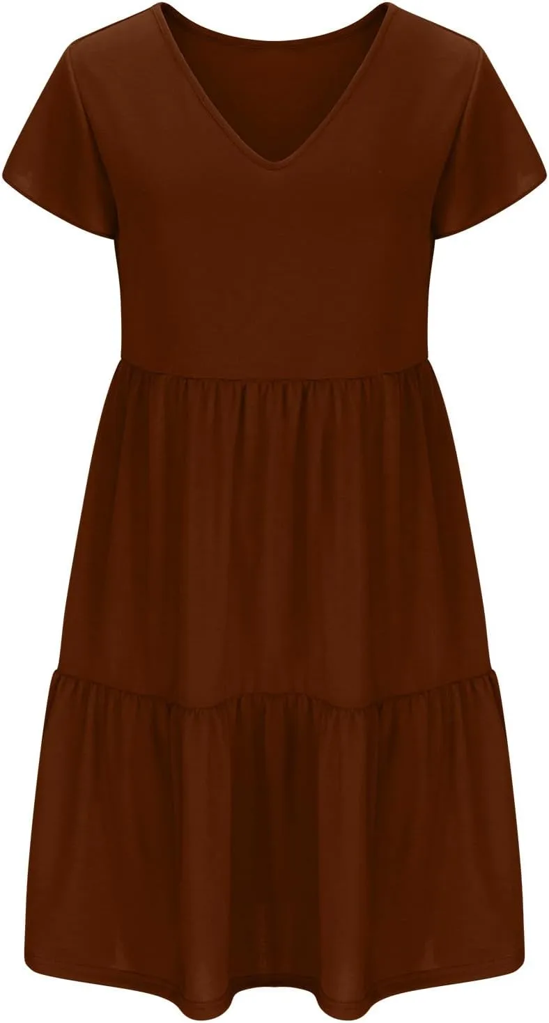 Womens Short Sleeve Casual Beach Dress Simple Solid Color Sundresses Loose Comfy Fashion Summer Dress