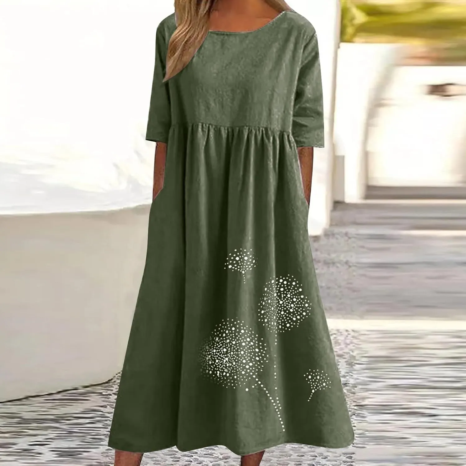 Womens Short Sleeve Casual Midi Dresses Cute Flower Graphic Print Sun Dresses Casual Loose Beach Dress with Pockets