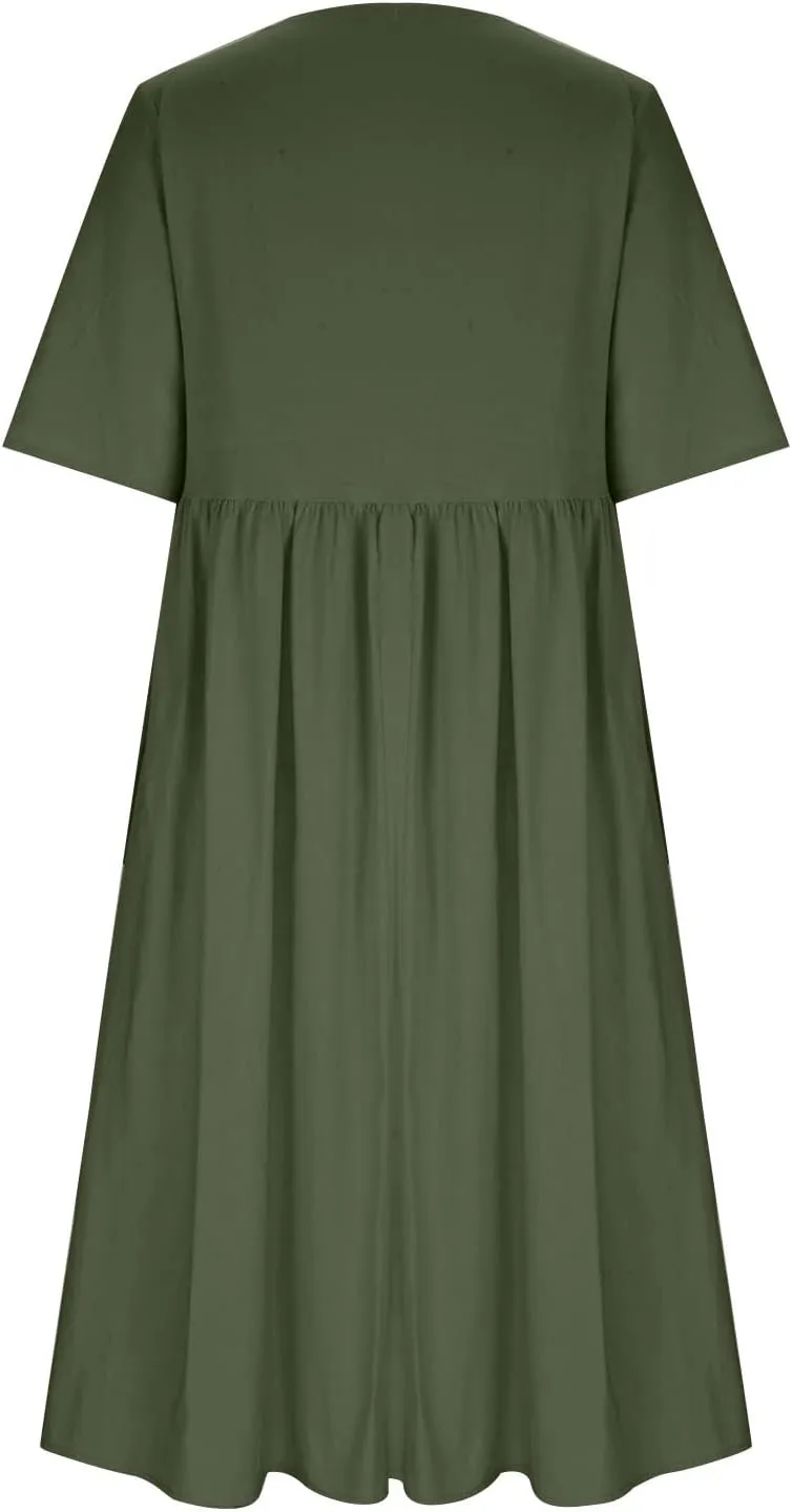 Womens Short Sleeve Casual Midi Dresses Cute Flower Graphic Print Sun Dresses Casual Loose Beach Dress with Pockets