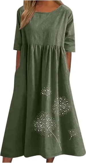 Womens Short Sleeve Casual Midi Dresses Cute Flower Graphic Print Sun Dresses Casual Loose Beach Dress with Pockets