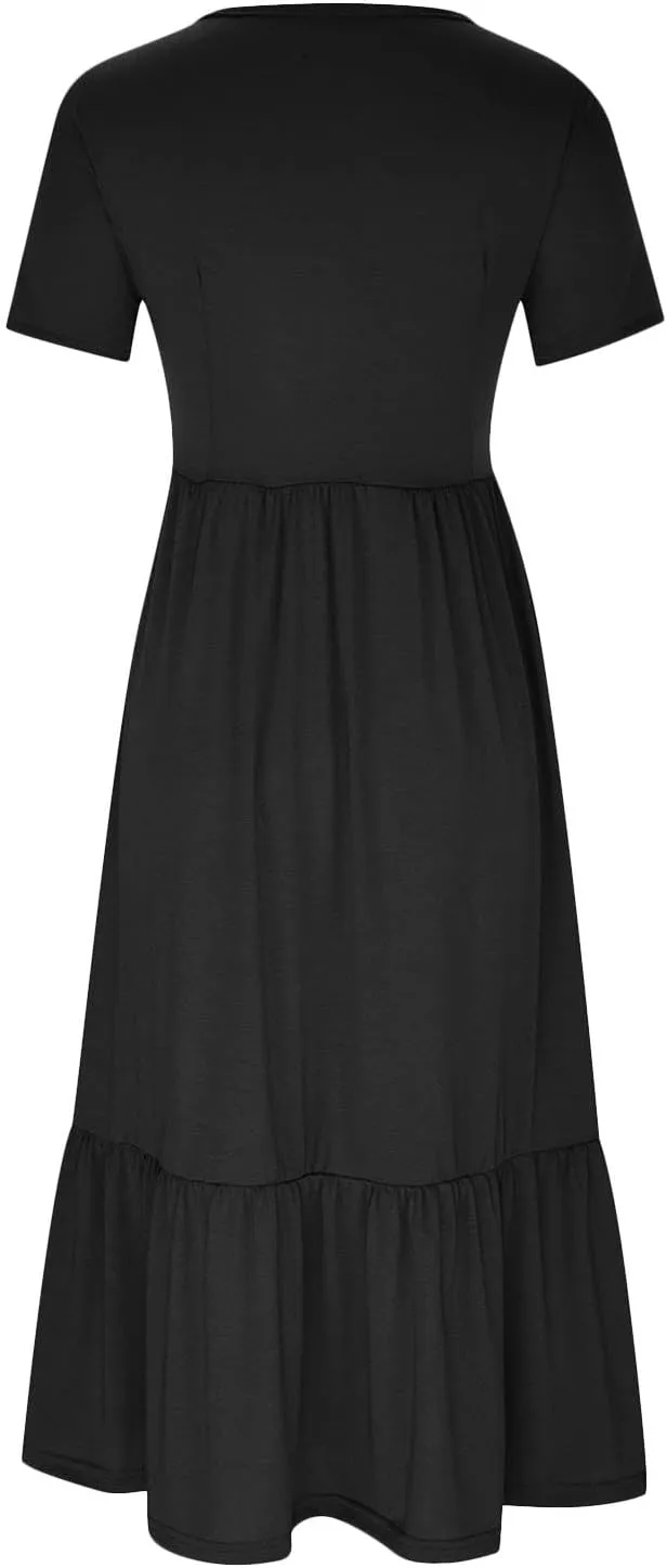 Women's Short Sleeve Crewneck Midi Dresses Simple Solid Color Sundress Loose Fit A Line Trendy Dresses