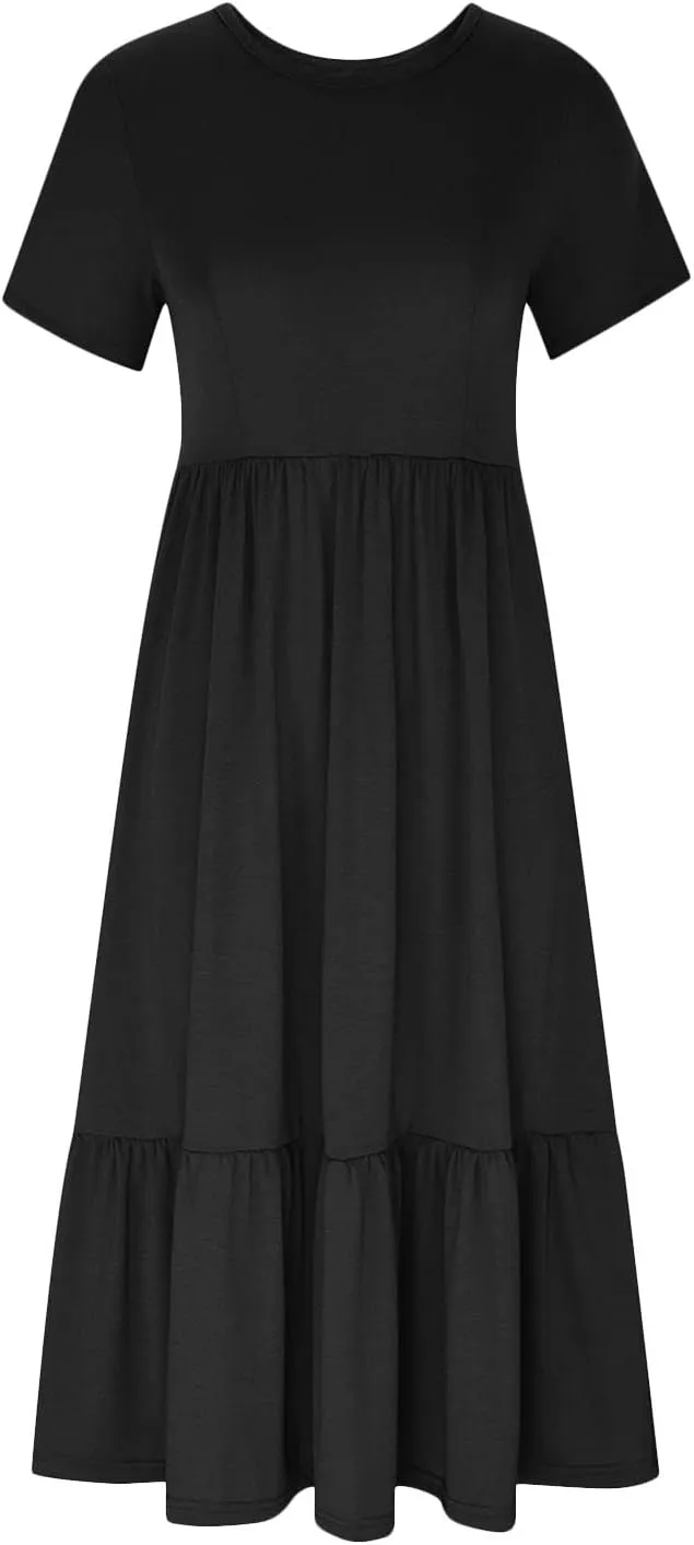 Women's Short Sleeve Crewneck Midi Dresses Simple Solid Color Sundress Loose Fit A Line Trendy Dresses