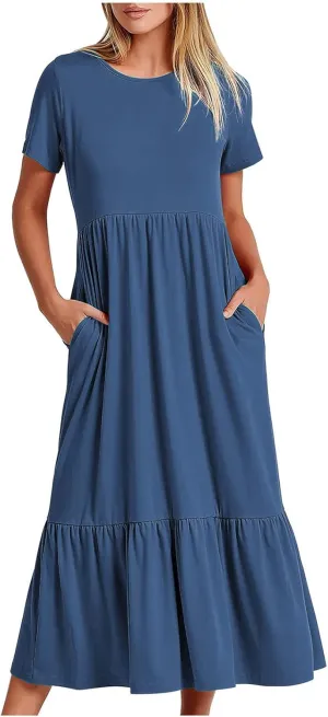 Women's Short Sleeve Crewneck Midi Dresses Simple Solid Color Sundress Loose Fit A Line Trendy Dresses