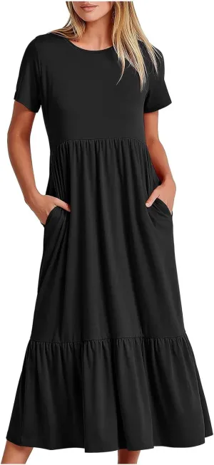 Women's Short Sleeve Crewneck Midi Dresses Simple Solid Color Sundress Loose Fit A Line Trendy Dresses