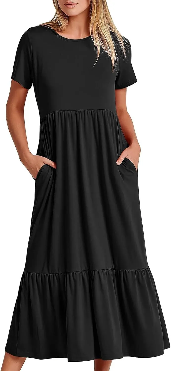 Women's Short Sleeve Crewneck Midi Dresses Simple Solid Color Sundress Loose Fit A Line Trendy Dresses