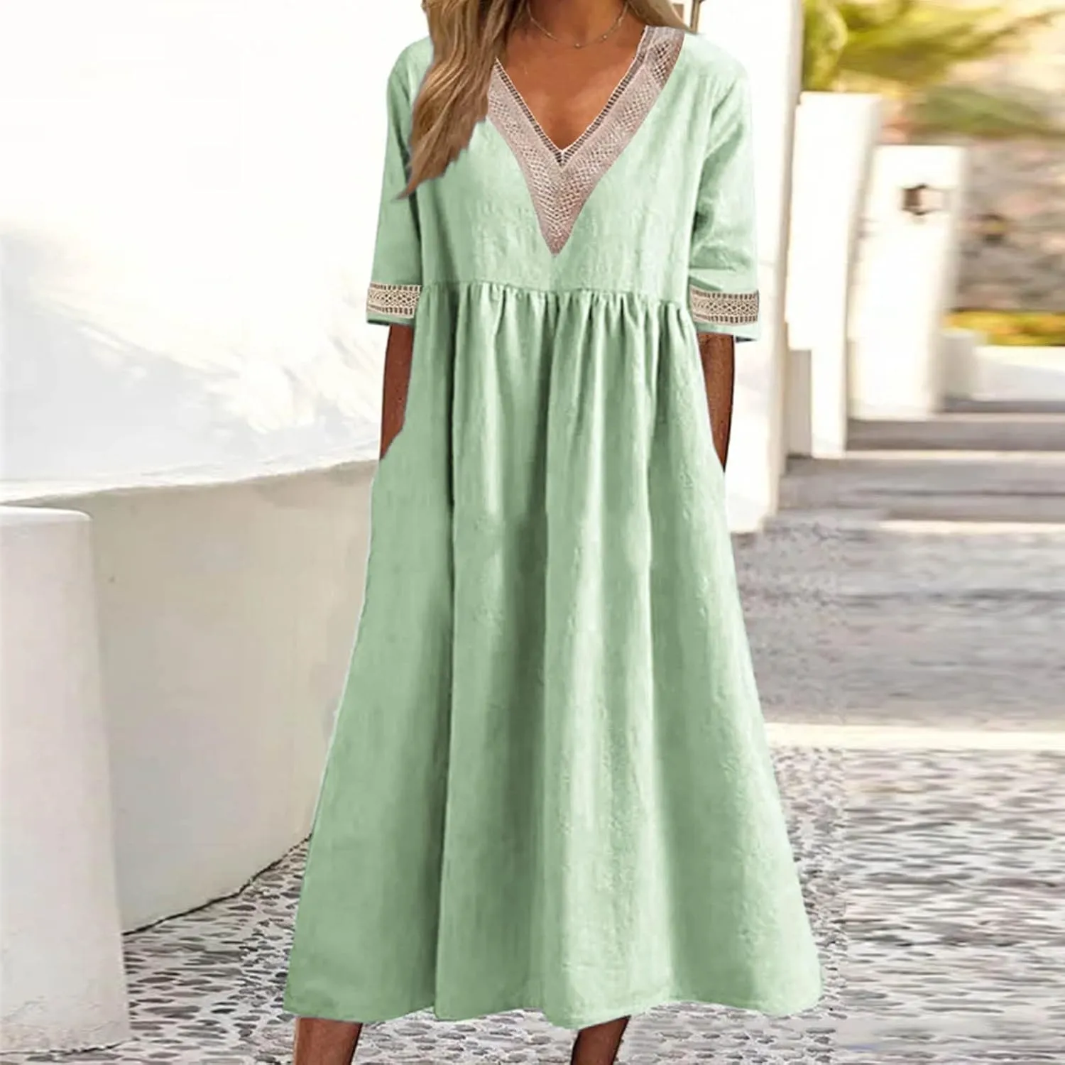 Women's Short Sleeve Lace Trim V Neck Midi Dress Simple Solid Color Long Dresses Loose Casual Sundress