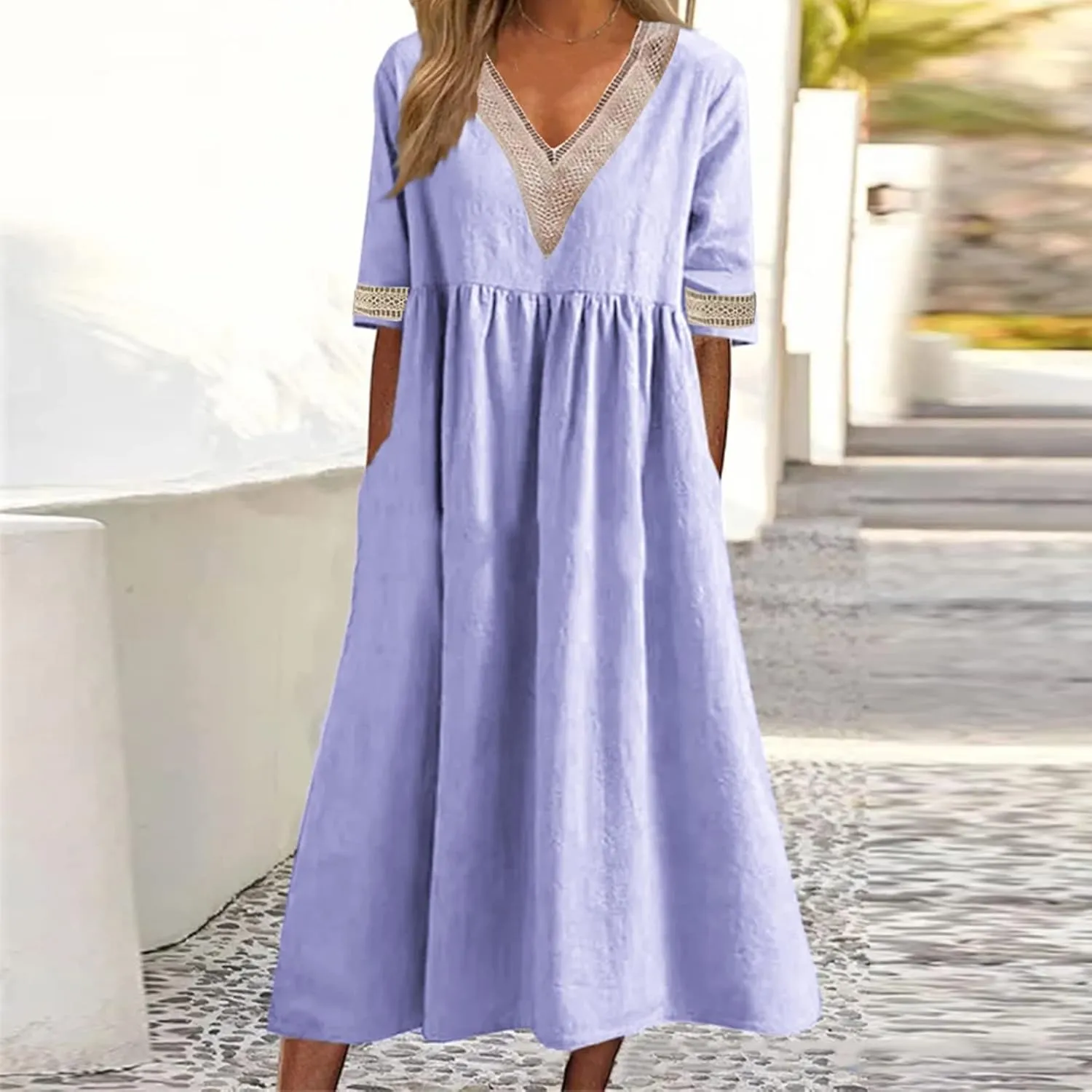 Women's Short Sleeve Lace Trim V Neck Midi Dress Simple Solid Color Long Dresses Loose Casual Sundress