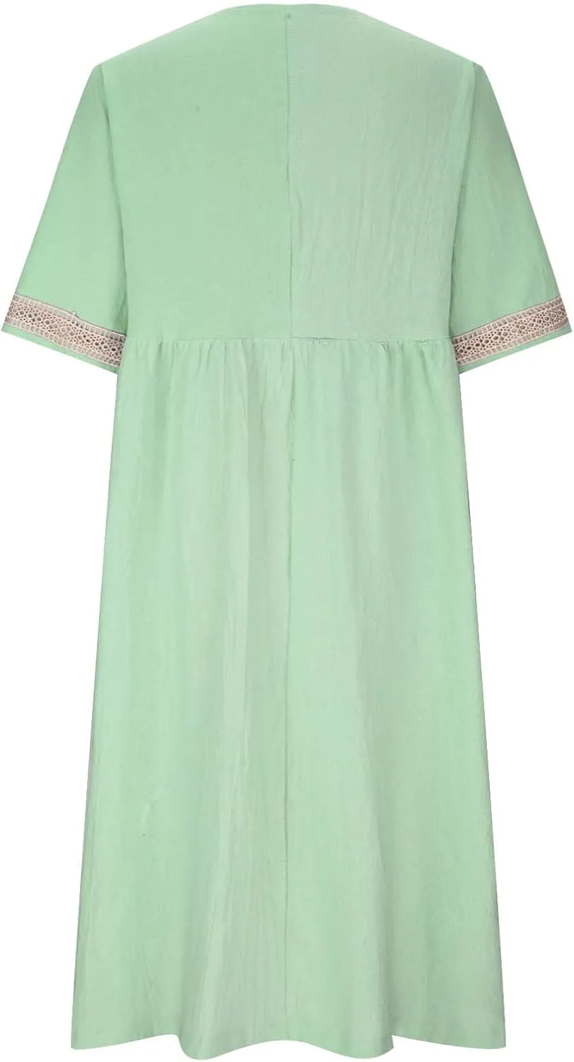 Women's Short Sleeve Lace Trim V Neck Midi Dress Simple Solid Color Long Dresses Loose Casual Sundress