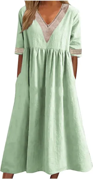 Women's Short Sleeve Lace Trim V Neck Midi Dress Simple Solid Color Long Dresses Loose Casual Sundress