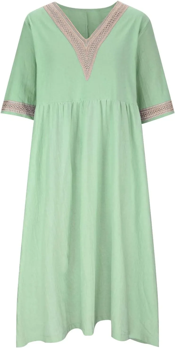 Women's Short Sleeve Lace Trim V Neck Midi Dress Simple Solid Color Long Dresses Loose Casual Sundress