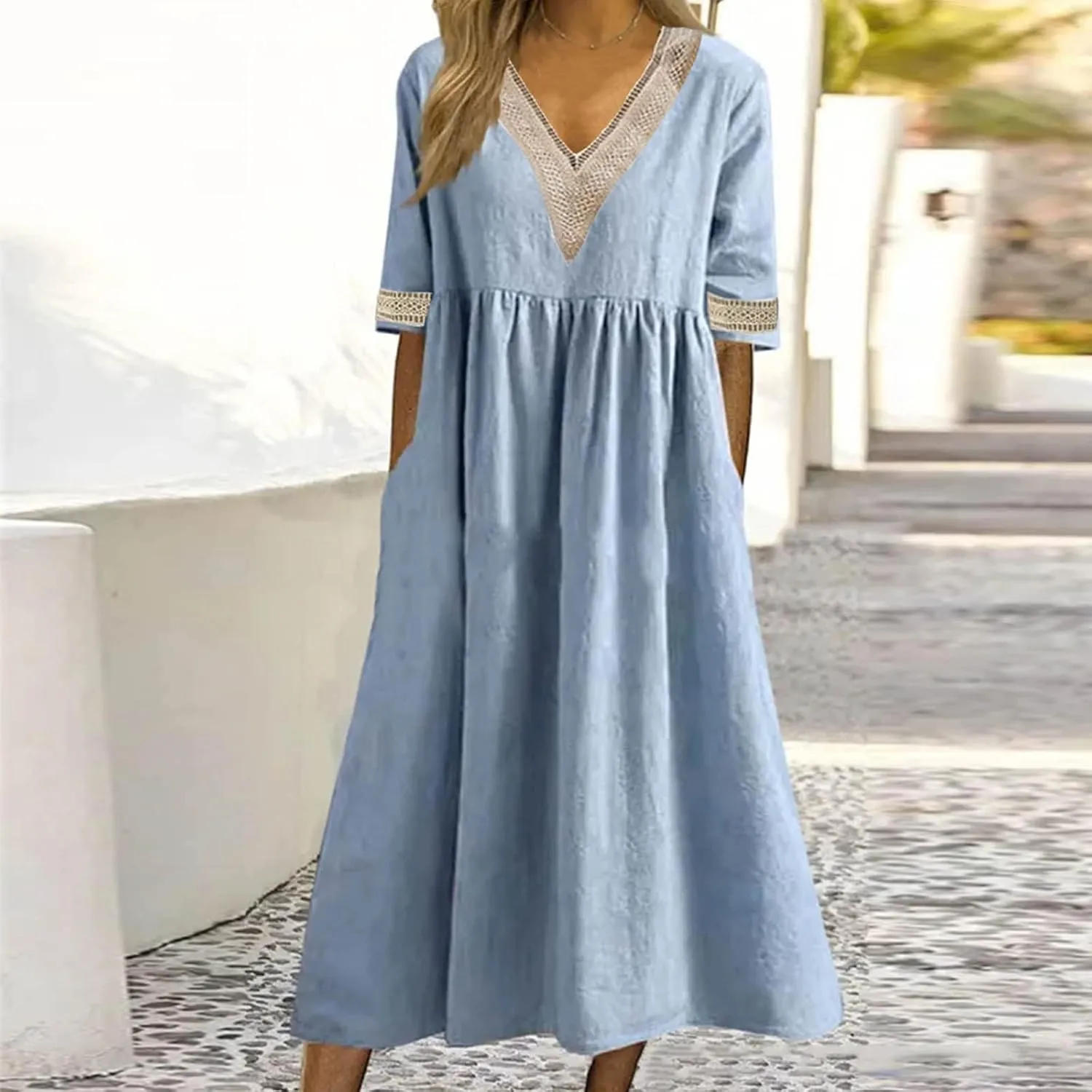 Women's Short Sleeve Lace Trim V Neck Midi Dress Simple Solid Color Long Dresses Loose Casual Sundress