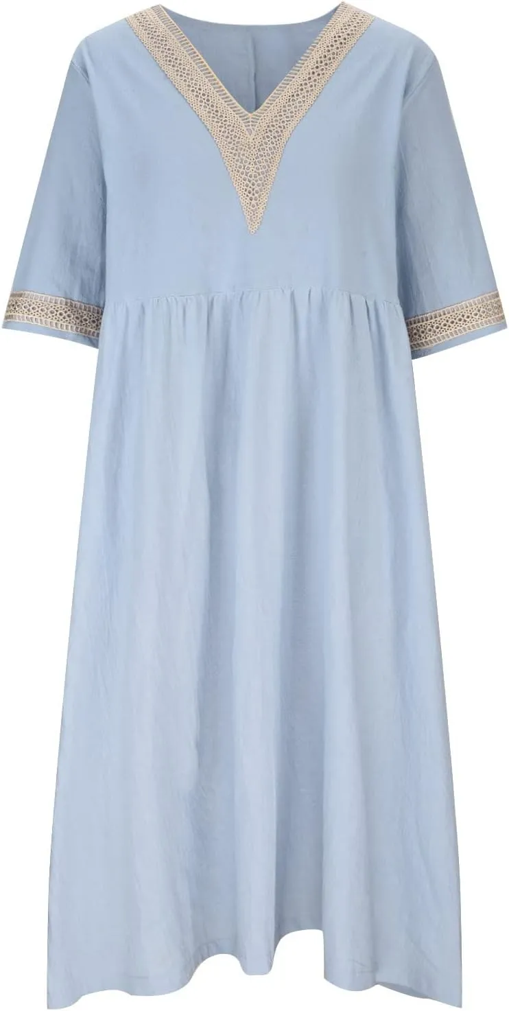 Women's Short Sleeve Lace Trim V Neck Midi Dress Simple Solid Color Long Dresses Loose Casual Sundress