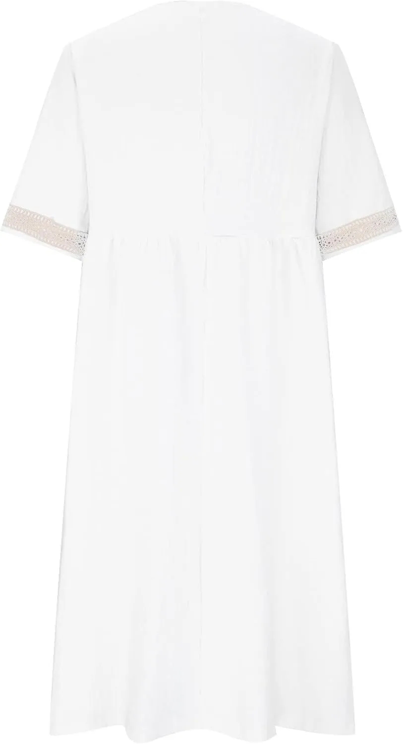 Women's Short Sleeve Lace Trim V Neck Midi Dress Simple Solid Color Long Dresses Loose Casual Sundress