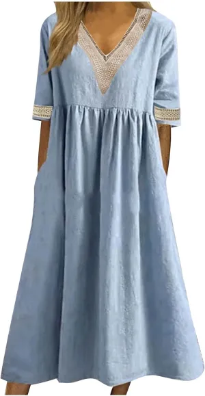 Women's Short Sleeve Lace Trim V Neck Midi Dress Simple Solid Color Long Dresses Loose Casual Sundress
