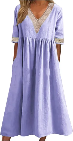 Women's Short Sleeve Lace Trim V Neck Midi Dress Simple Solid Color Long Dresses Loose Casual Sundress