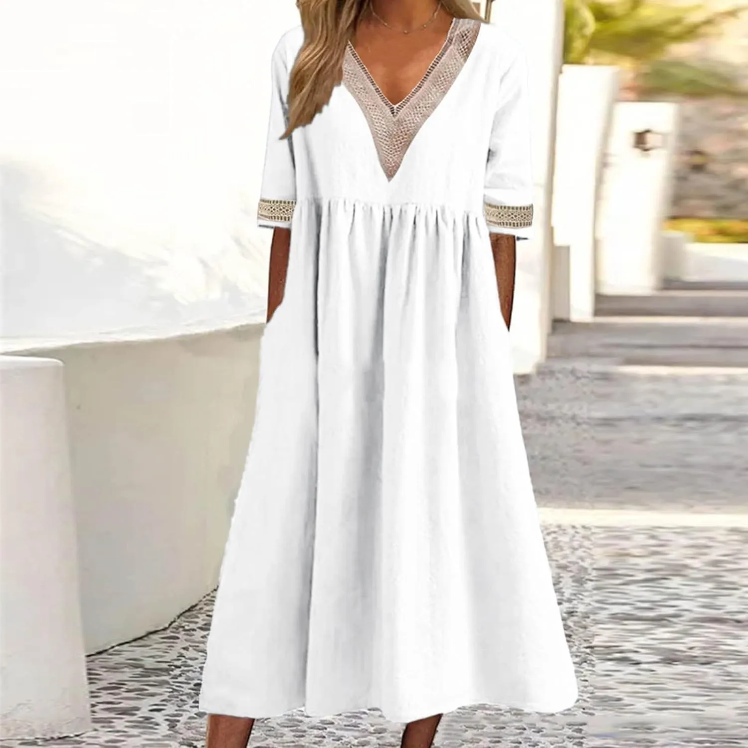 Women's Short Sleeve Lace Trim V Neck Midi Dress Simple Solid Color Long Dresses Loose Casual Sundress