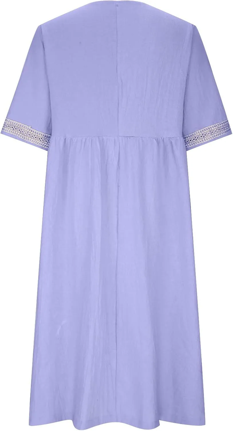 Women's Short Sleeve Lace Trim V Neck Midi Dress Simple Solid Color Long Dresses Loose Casual Sundress