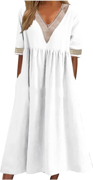 Women's Short Sleeve Lace Trim V Neck Midi Dress Simple Solid Color Long Dresses Loose Casual Sundress