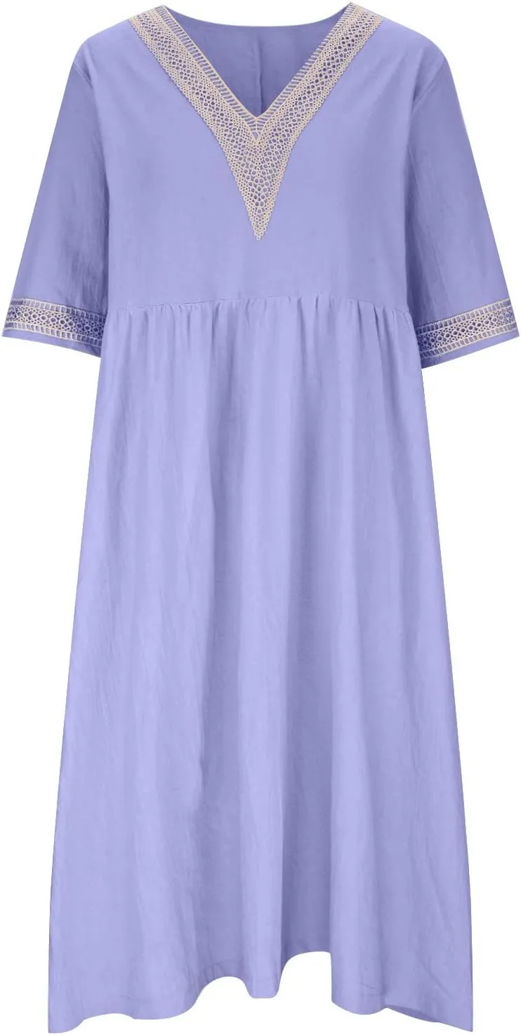 Women's Short Sleeve Lace Trim V Neck Midi Dress Simple Solid Color Long Dresses Loose Casual Sundress