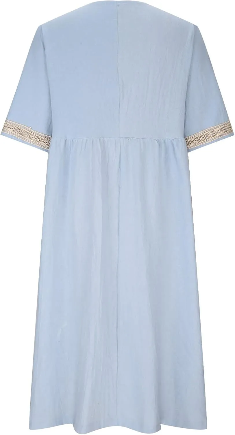 Women's Short Sleeve Lace Trim V Neck Midi Dress Simple Solid Color Long Dresses Loose Casual Sundress