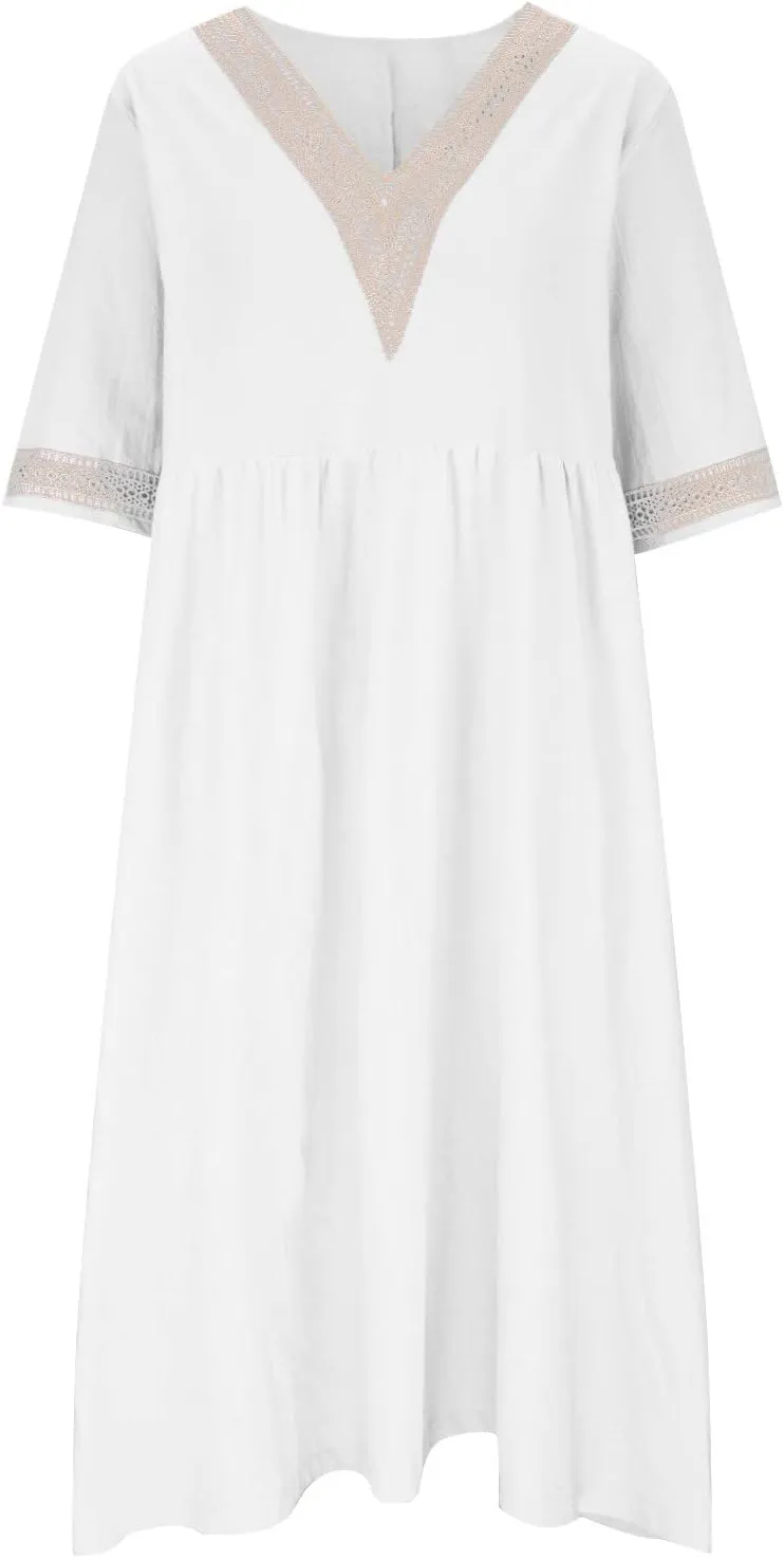 Women's Short Sleeve Lace Trim V Neck Midi Dress Simple Solid Color Long Dresses Loose Casual Sundress