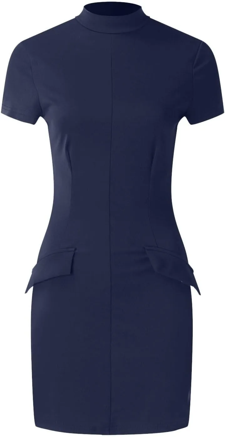 Women's Short Sleeve Mock Turtle Neck Bodycon Mini Tank Short Party Dress Casual Floral Dress