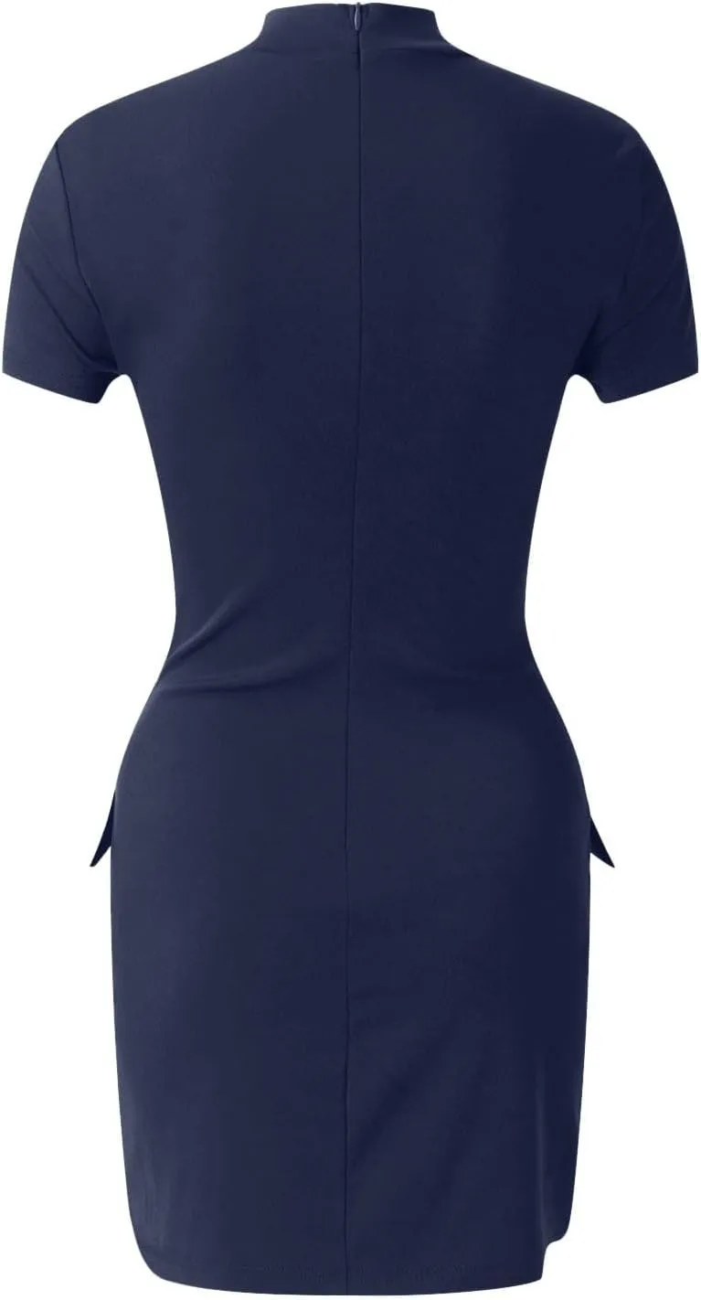 Women's Short Sleeve Mock Turtle Neck Bodycon Mini Tank Short Party Dress Casual Floral Dress