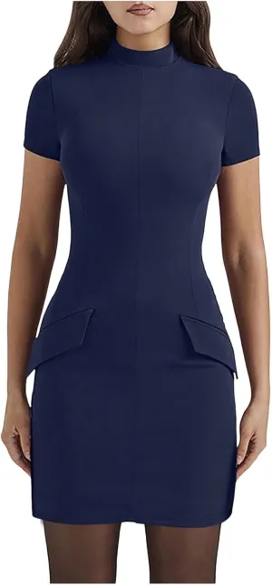 Women's Short Sleeve Mock Turtle Neck Bodycon Mini Tank Short Party Dress Casual Floral Dress