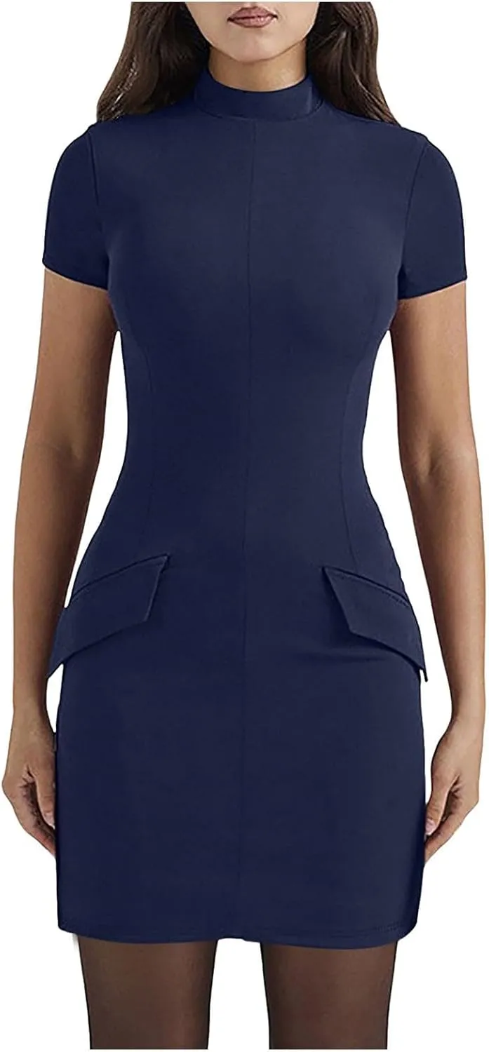 Women's Short Sleeve Mock Turtle Neck Bodycon Mini Tank Short Party Dress Casual Floral Dress