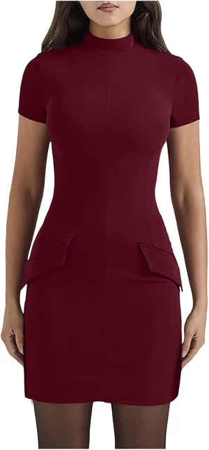 Women's Short Sleeve Mock Turtle Neck Bodycon Mini Tank Short Party Dress Casual Floral Dress
