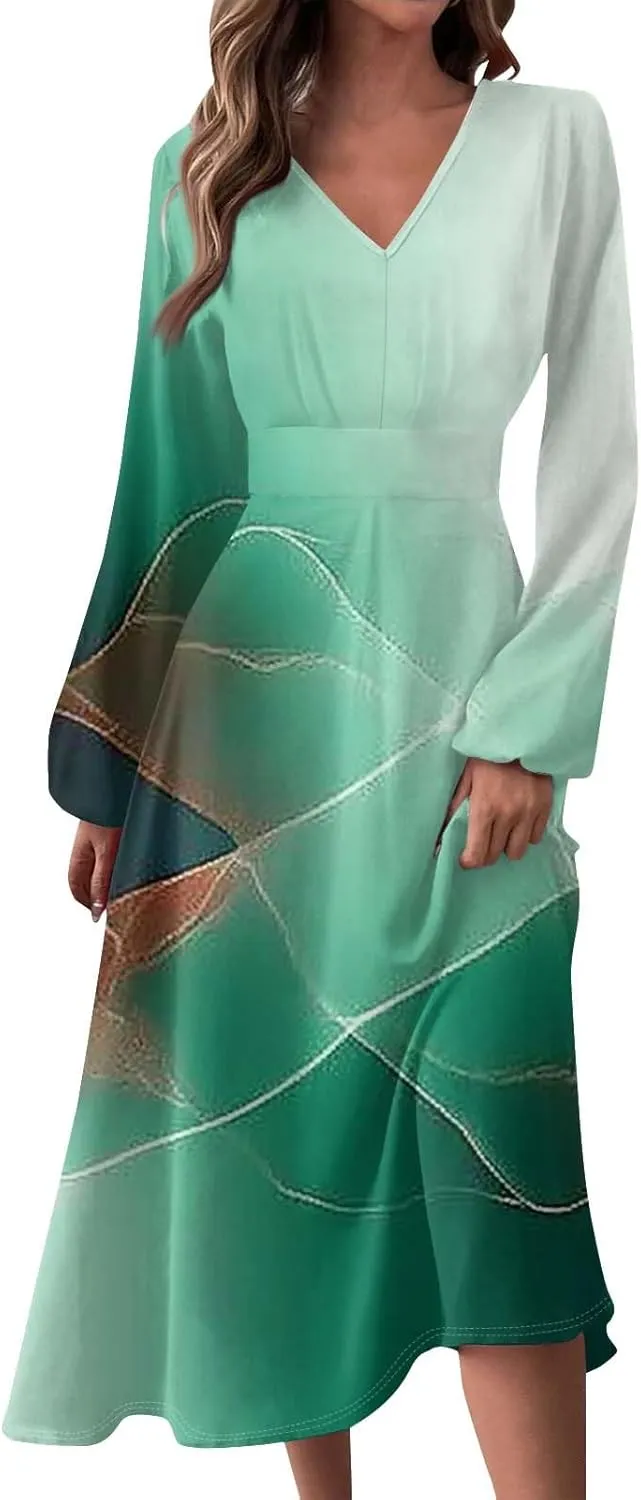 Women's Simple Gradient Long Sleeve Dress Pretty Casual V-Neck Summer Maxi Dresses
