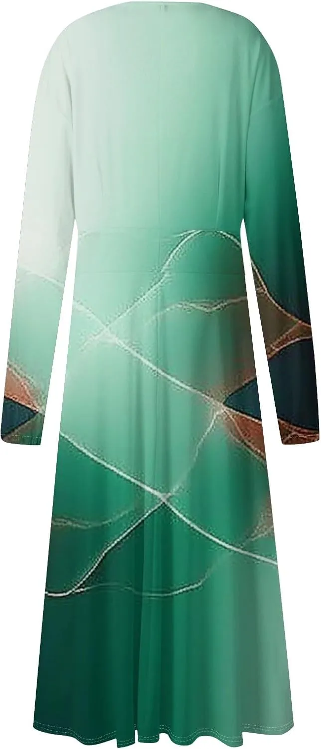 Women's Simple Gradient Long Sleeve Dress Pretty Casual V-Neck Summer Maxi Dresses