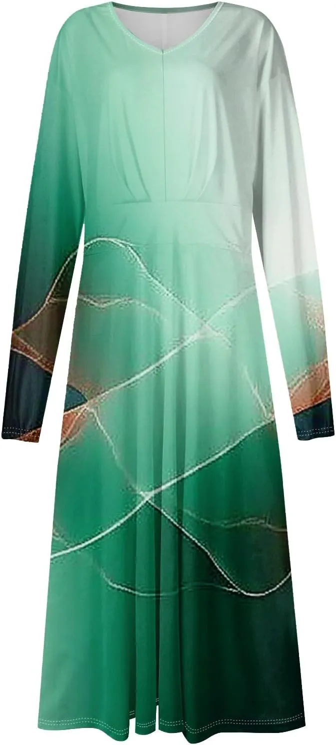 Women's Simple Gradient Long Sleeve Dress Pretty Casual V-Neck Summer Maxi Dresses