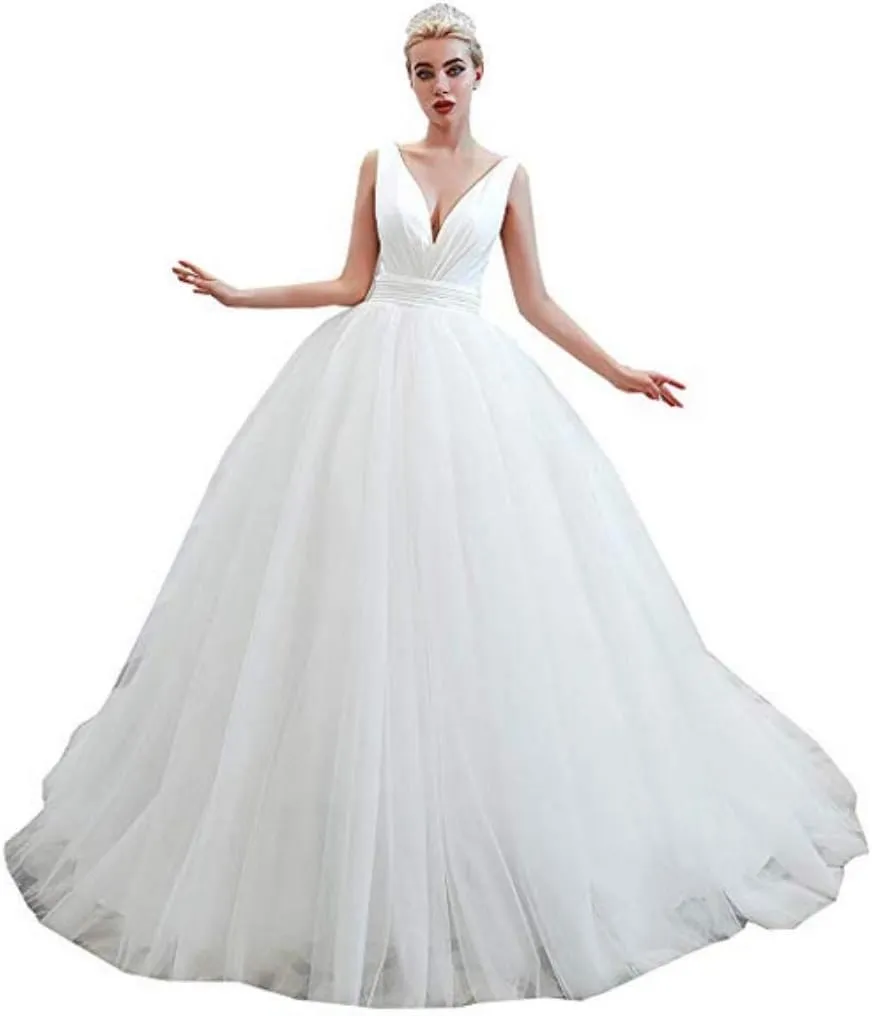 Women's Simple V Neck Sleeveless Satin Tulle Backless Bride Ball Gown Evening Wedding Dress White