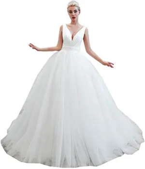 Women's Simple V Neck Sleeveless Satin Tulle Backless Bride Ball Gown Evening Wedding Dress White