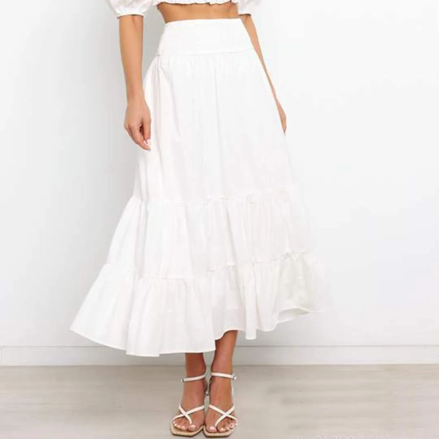 Womens Skirts Pleated A-Line Swing Skirt Vintage Irregular Midi Skirts Ruffle Layered High Waist Hip Long Skirt