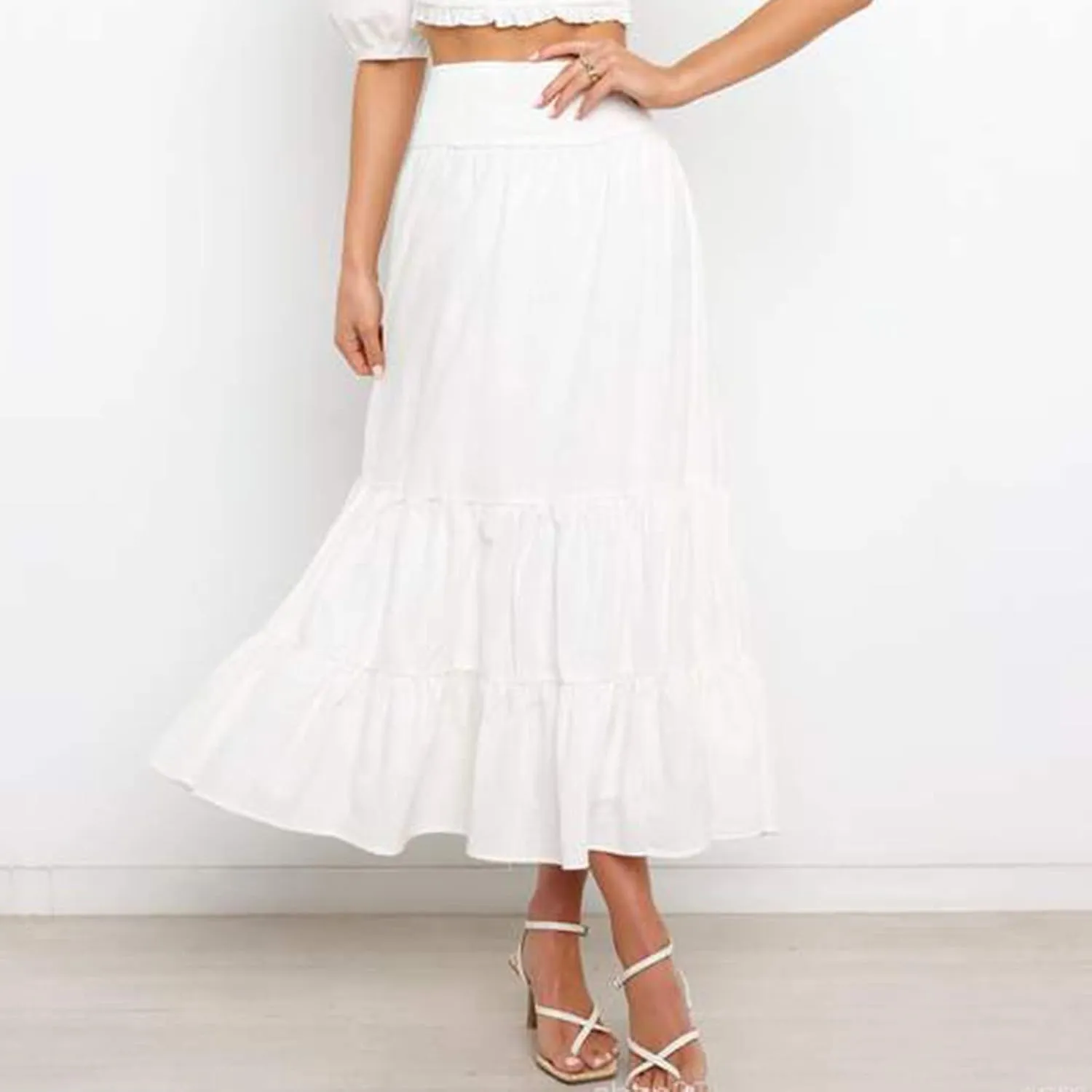 Womens Skirts Pleated A-Line Swing Skirt Vintage Irregular Midi Skirts Ruffle Layered High Waist Hip Long Skirt