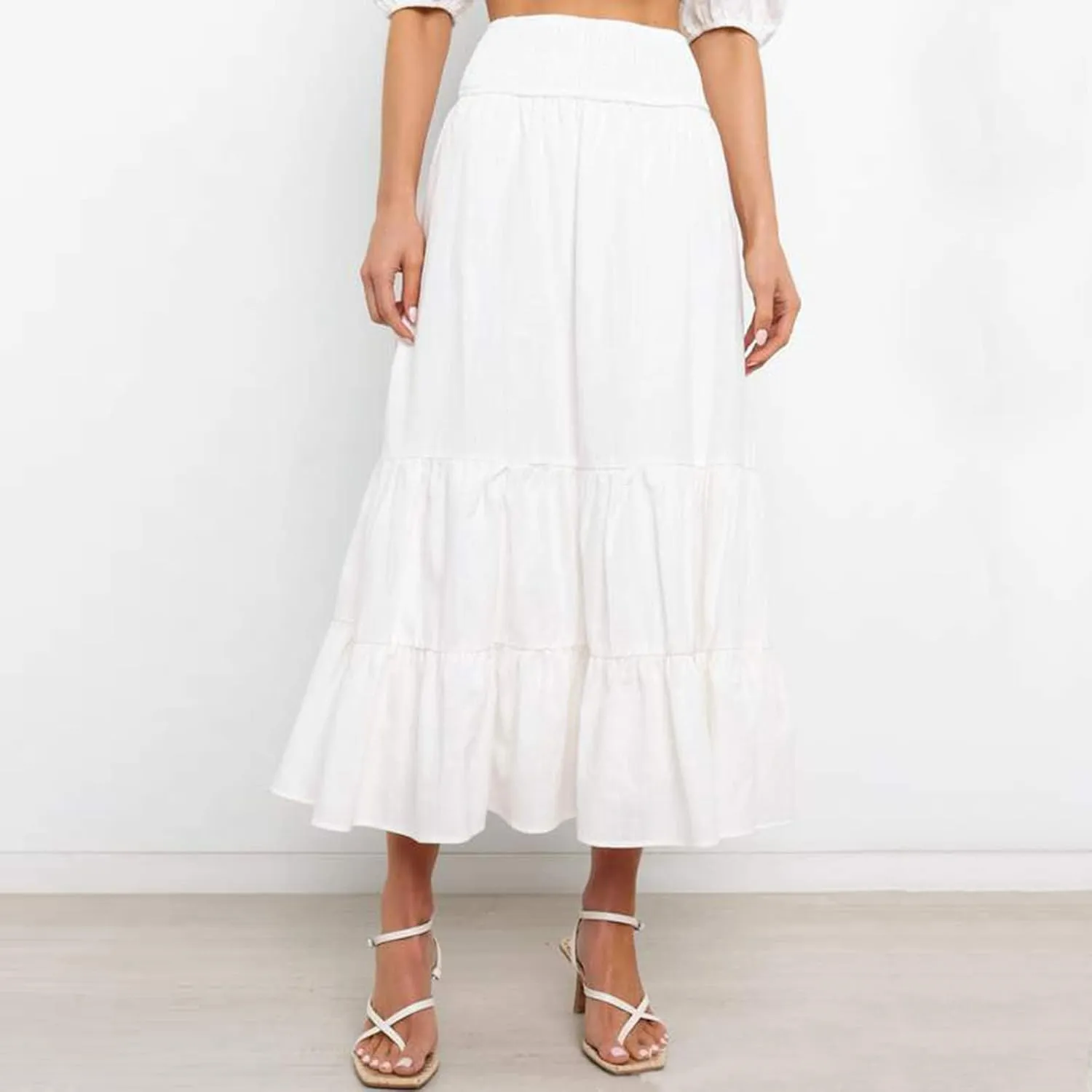 Womens Skirts Pleated A-Line Swing Skirt Vintage Irregular Midi Skirts Ruffle Layered High Waist Hip Long Skirt