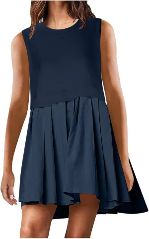 Womens Sleeveless Loose Beach Dress Simple Solid Color Sundresses Casual Crewneck Fashion 2024 Tank Dress