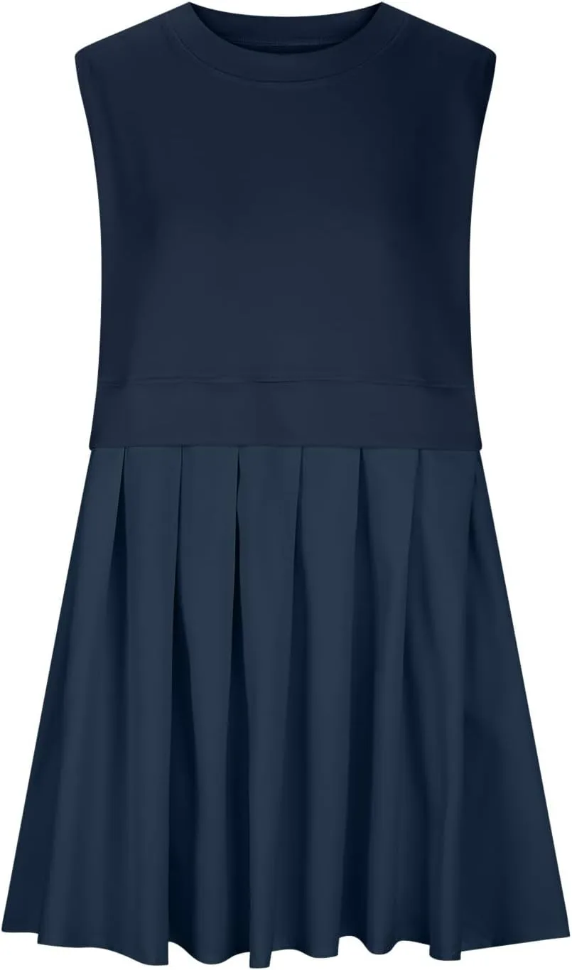 Womens Sleeveless Loose Beach Dress Simple Solid Color Sundresses Casual Crewneck Fashion 2024 Tank Dress