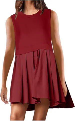 Womens Sleeveless Loose Beach Dress Simple Solid Color Sundresses Casual Crewneck Fashion 2024 Tank Dress